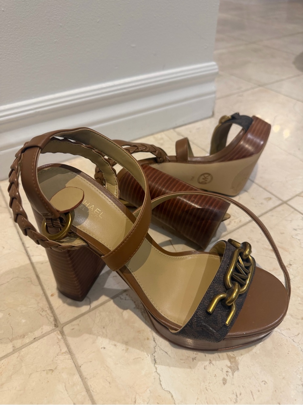 Michael Kors Brown Leather Block Heel Sandals